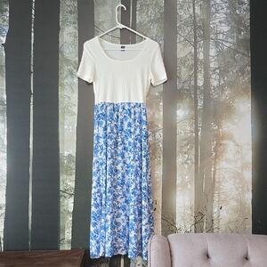 SHEIN White and Blue Floral Midi Dress